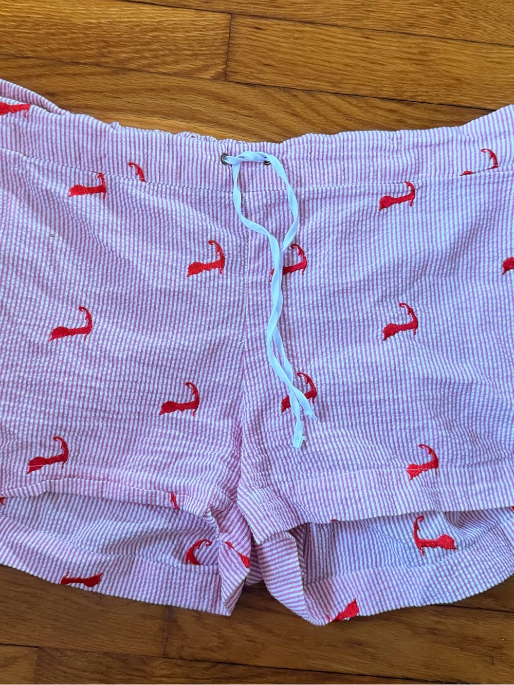 Pink Seersucker Women’s Drawstring Athletic Shorts with cape cod Red Embroidery